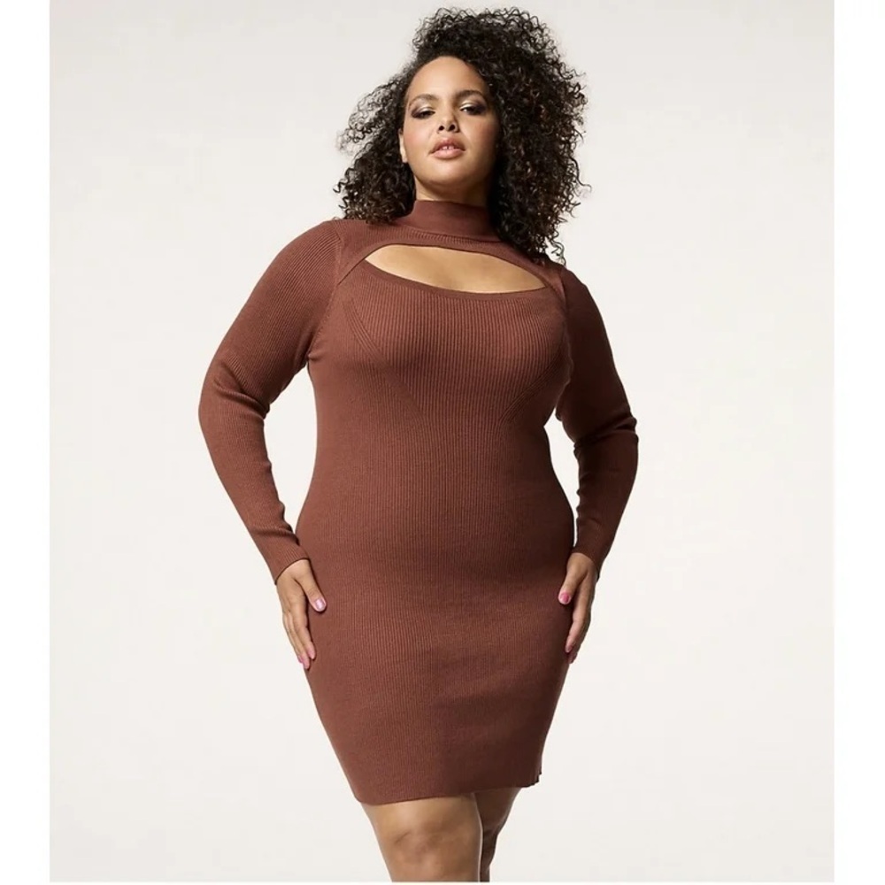 INTEMPO Plus Size Mockneck Cutout Sweater Dress Cinnamon 1X